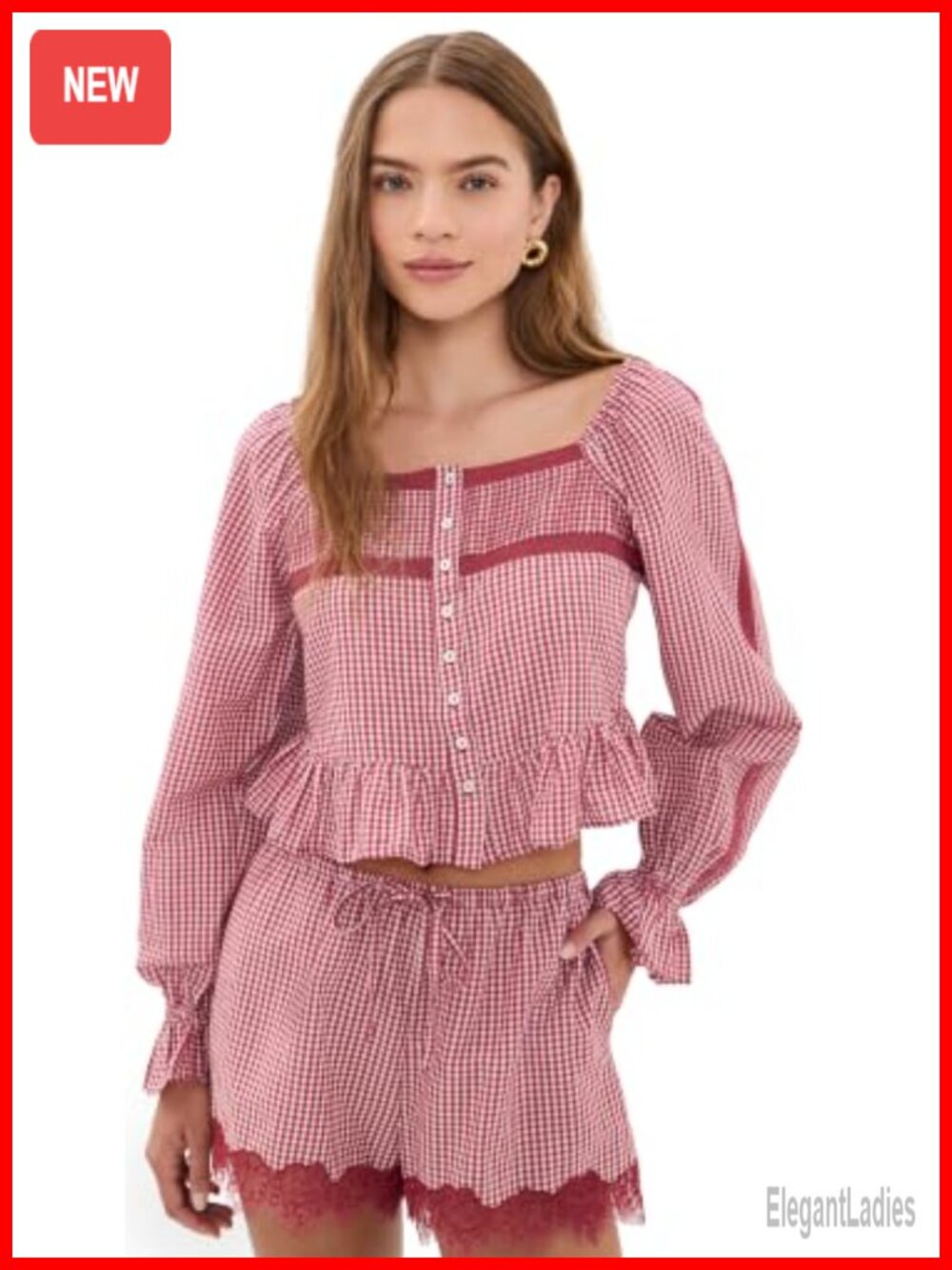 Women's Gingham Voile Top Long Sleeve Square Neck Blouse